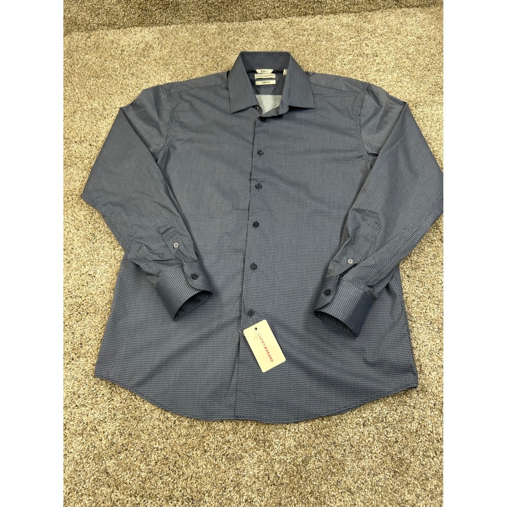Lucky Brand‎ Mens Blue Print Slim Fit Stretch Button Down Shirt M 15-15.5 #0472